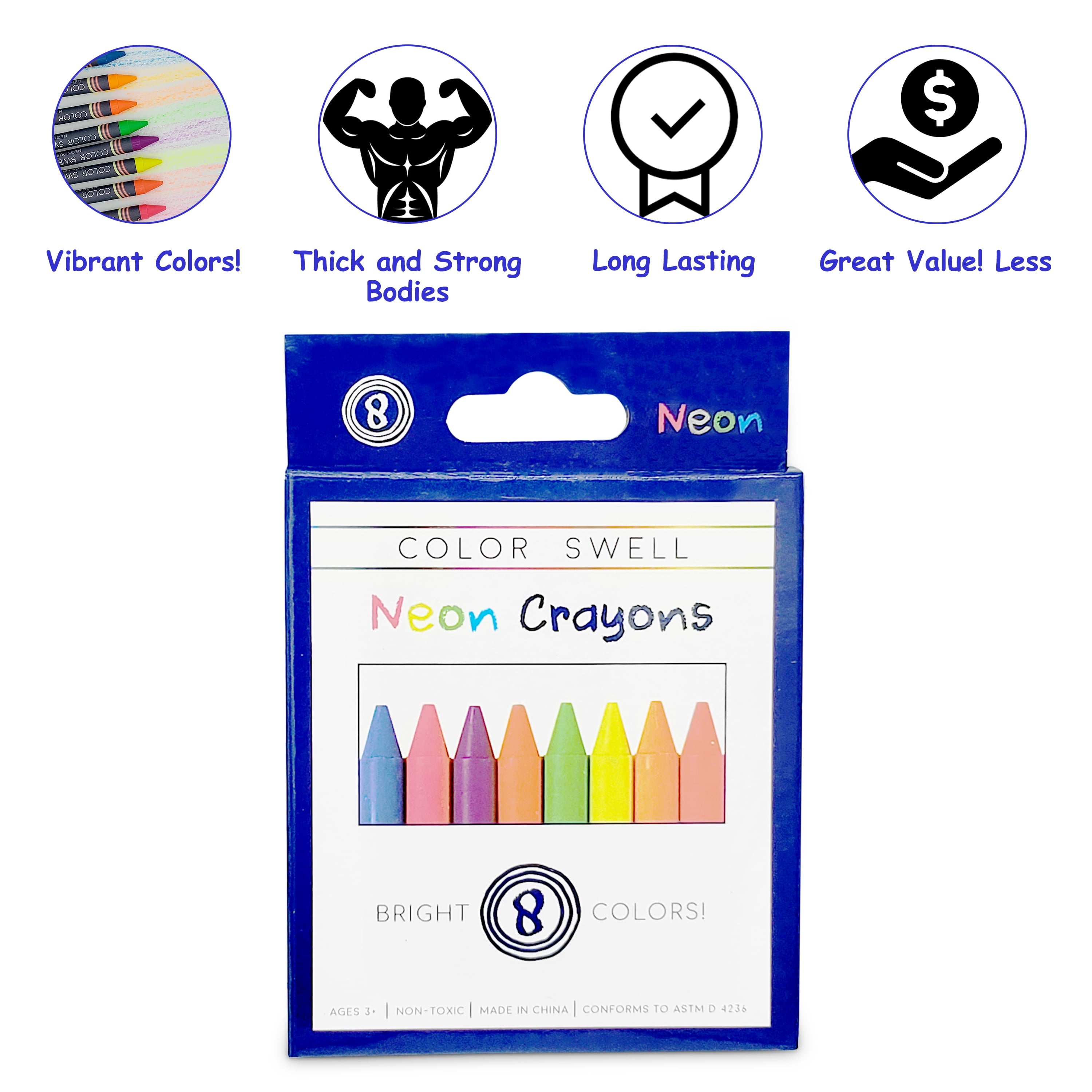 Color Swell Neon Crayon Bulk Packs - 4 Boxes of 8 Large Neon Crayons (32 Total)
