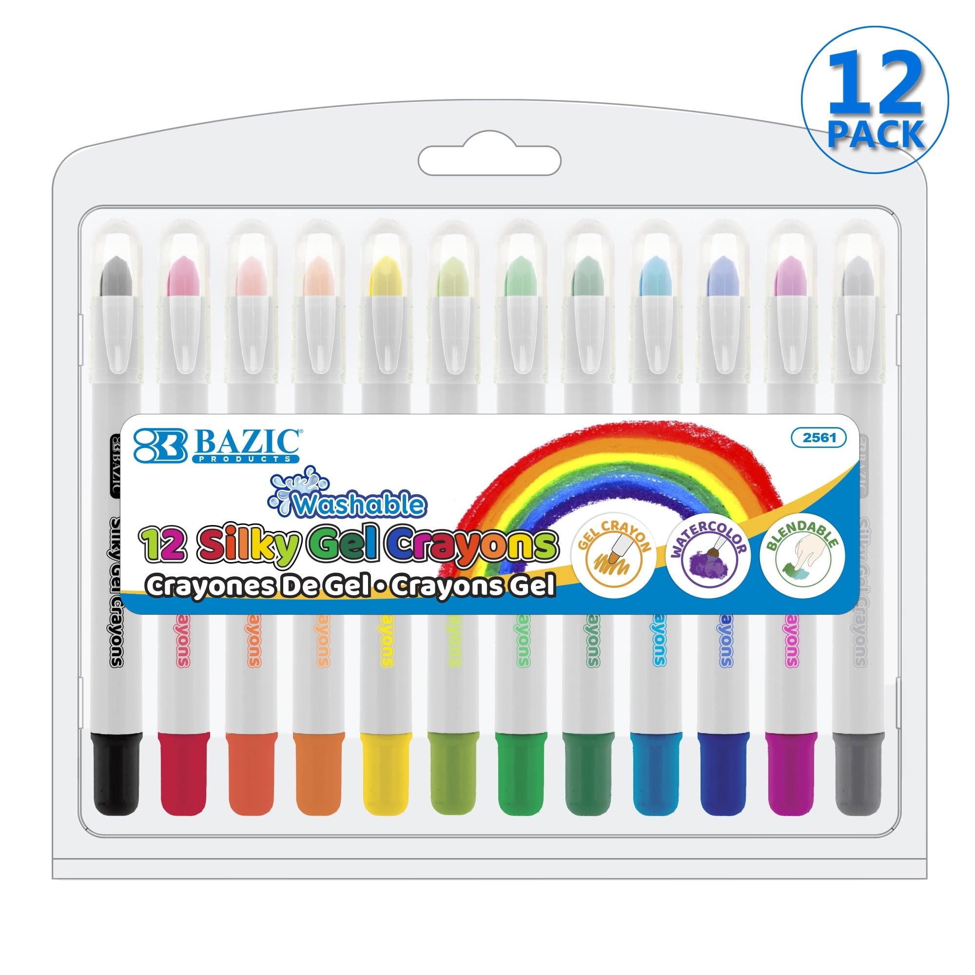 BAZIC Silky Gel Crayons 12 Color, Washable Blendable Watercolor Crayon (12/Pack), 12-Packs
