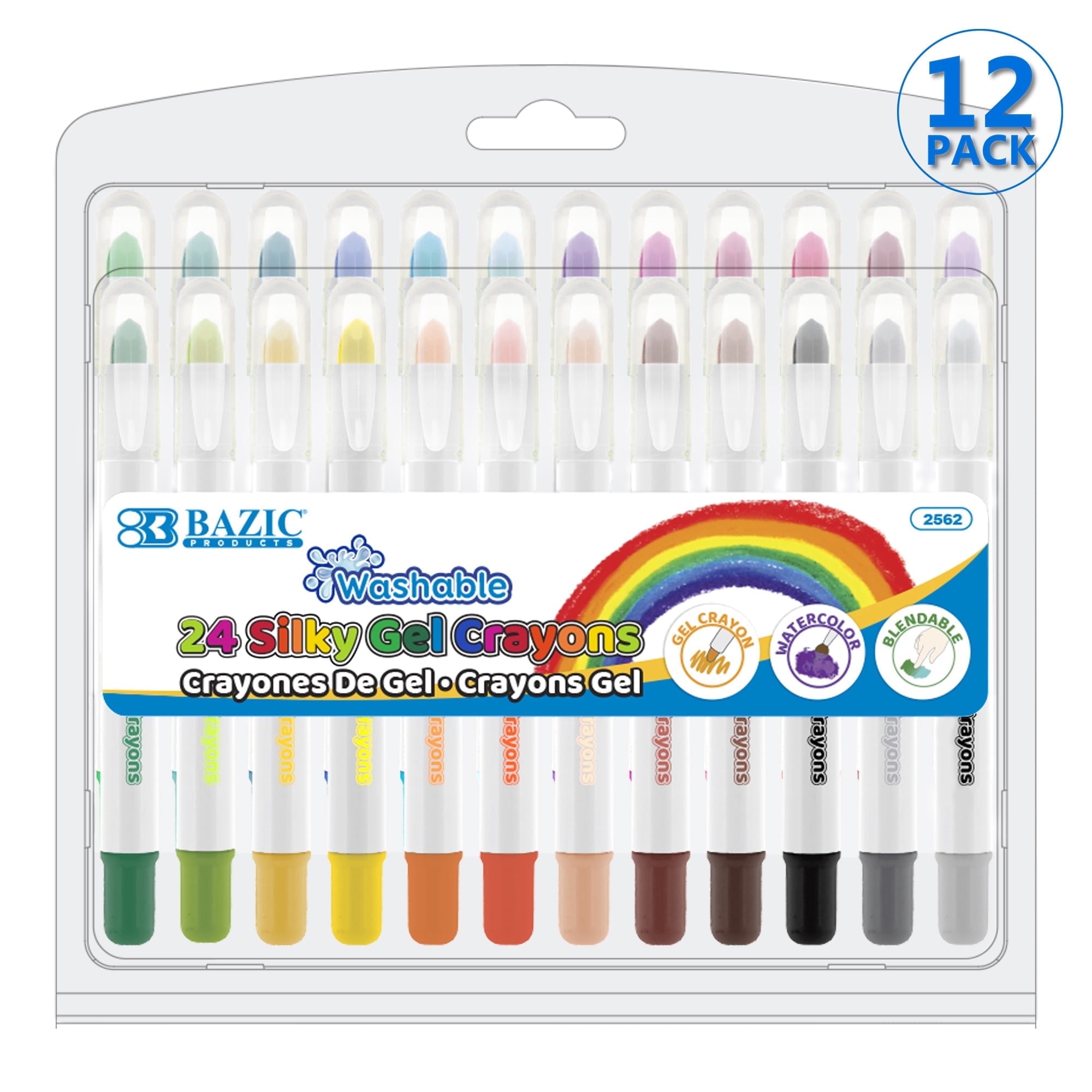 BAZIC Silky Gel Crayons 12 Color, Washable Blendable Watercolor Crayon (12/Pack), 12-Packs