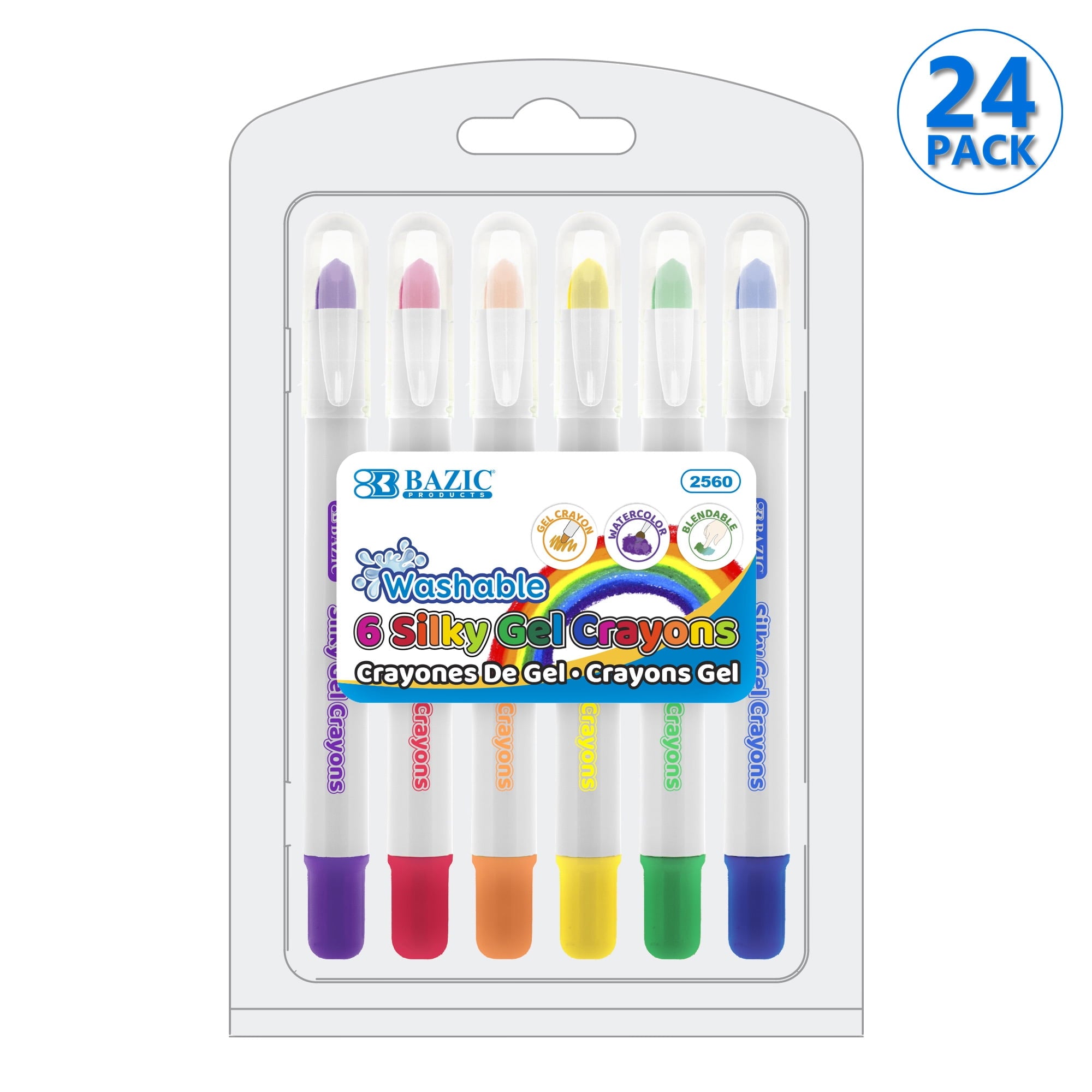 BAZIC Silky Gel Crayons 6 Color, Washable Blendable Watercolor Crayon (6/Pack), 24-Packs