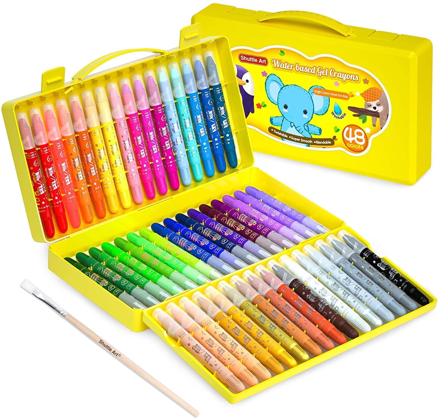 48 Colors Gel Crayons, Shuttle Art Non-Toxic Twistable Crayons Set with 1 Brush and Foldable Case for Coloring, Crayon-Pastel-Watercolor Effect, Ideal for Paper