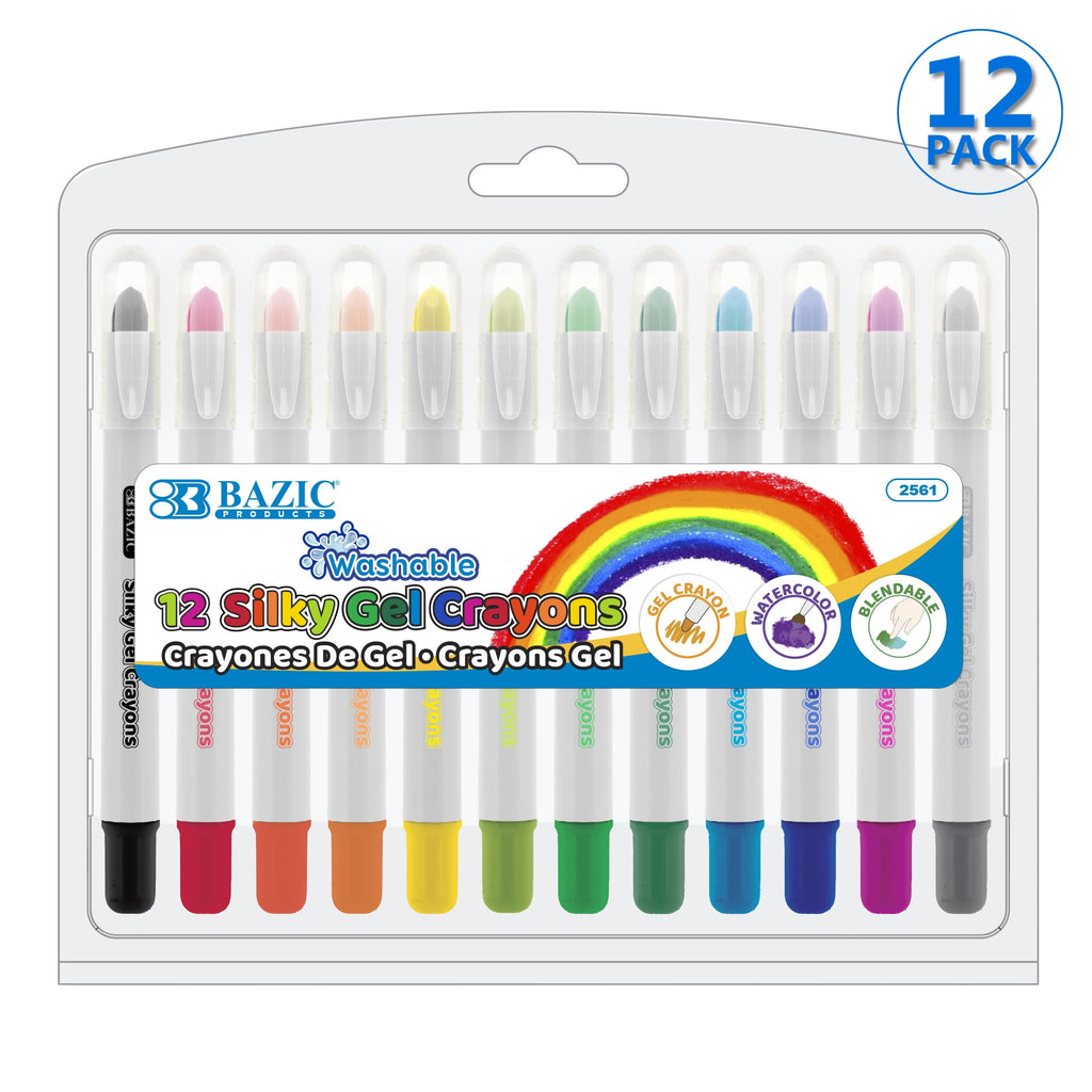 BAZIC Silky Gel Crayons 12 Color, Washable Blendable Watercolor Crayon (12/Pack), 12-Packs