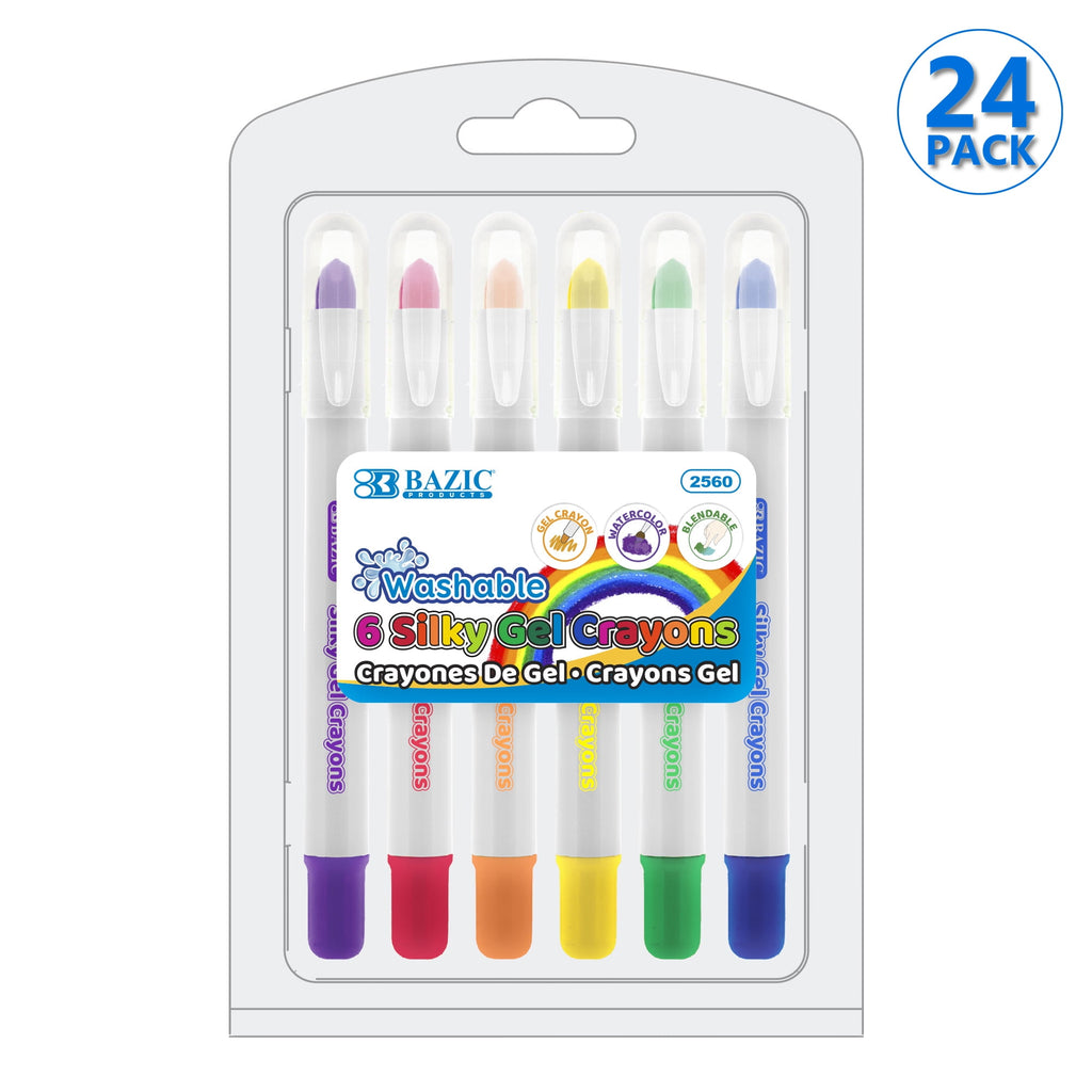 BAZIC Silky Gel Crayons 6 Color, Washable Blendable Watercolor Crayon (6/Pack), 24-Packs